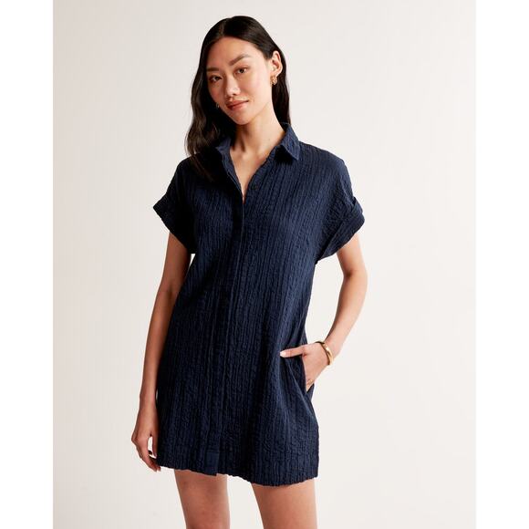 Abercrombie & Fitch Textured Button-Through Shirt Dress Blue Collared - Size S - Picture 1 of 5
